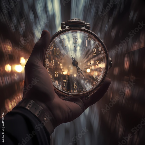 A man's hand holds a watch and watches time pass, a labyrinth into the future. End of time, end of the world and execution concept.
