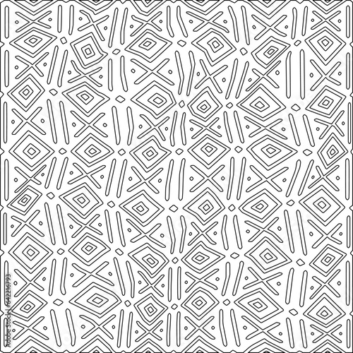 White background with black pattern. Texture with figures from lines.Line shape design.Abstract background for web page, textures, card, poster, fabric, textile. Monochrome graphic repeating design. 