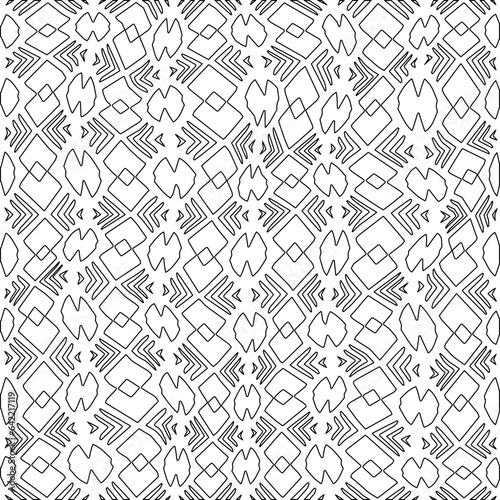 White background with black pattern. Texture with figures from lines.Line shape design.Abstract background for web page, textures, card, poster, fabric, textile. Monochrome graphic repeating design. 