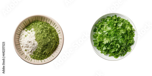 Fresh parsley leaves in a white bowl dried and chopped isolated on transparent background