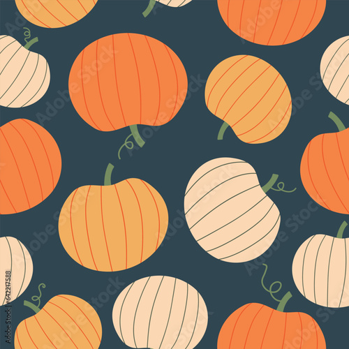 Pumpkin seamless pattern. Thanksgiving background. Autumn pattern. Vector illustration. It can be used for wallpapers, wrapping, cards, patterns for clothes and other. 