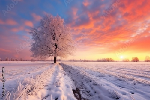 Beautiful Winter landscape at a rural field at sunset - stock concepts
