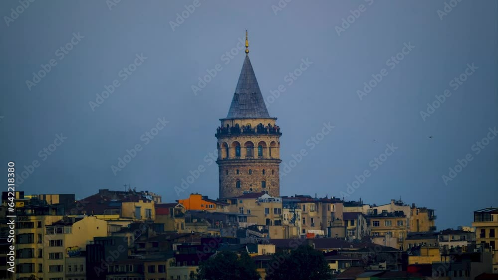 Galata tower of istanbul city timelapse on a gray day with no sun light Galata tower of istanbul city timelapse on a gray day with no sun light