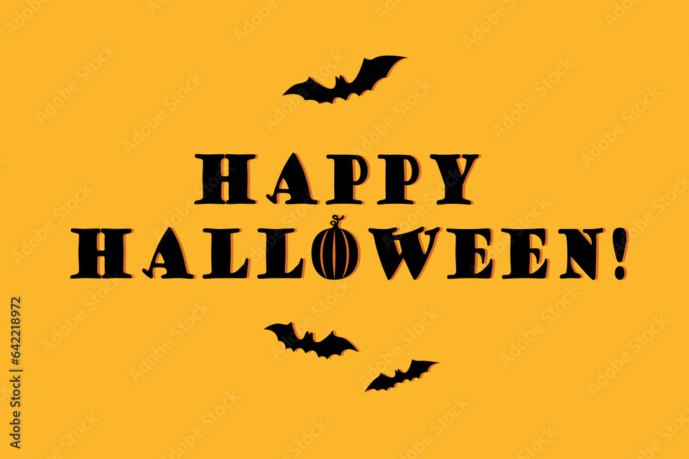 Orange halloween typography banner or poster with pumpkin and bats