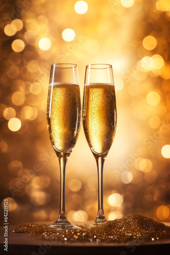 Glasses of champagne against golden background