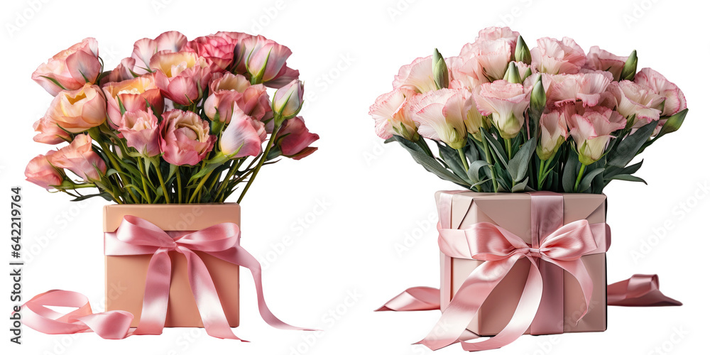 Obraz premium Isolated transparent background with pink eustoma flowers accompanied by gift box and ribbon