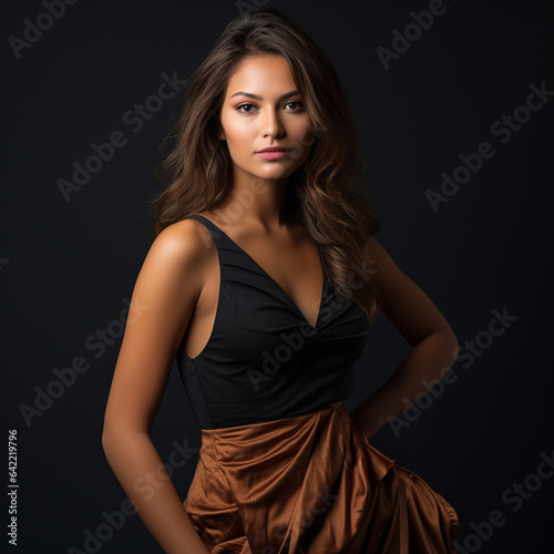 Supermodelo latina con un vestido posando en un estudio de fotografía con fondo negro e iluminación suave