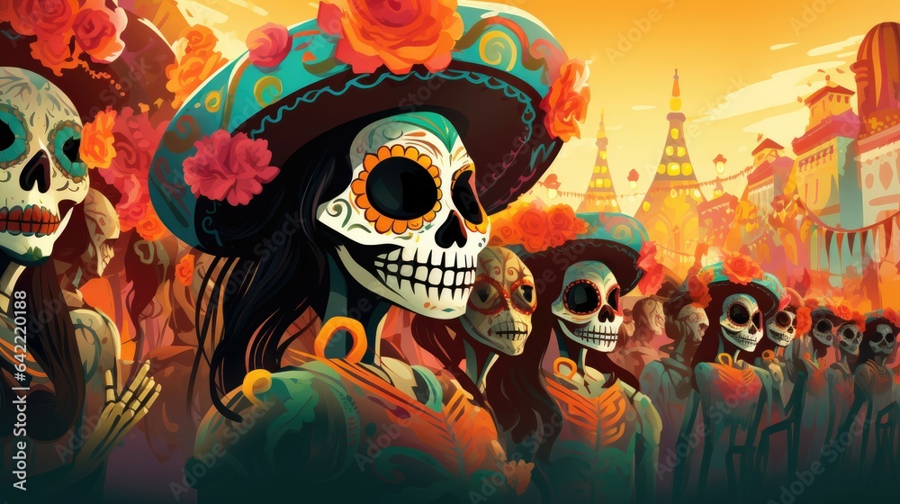 Community members engage in lively processions, their faces adorned with artistic calavera makeup, paying homage to the deceased with joyous parades Community members engage in lively processions, their faces adorned with artistic calavera makeup, paying homage to the deceased with joyous parades