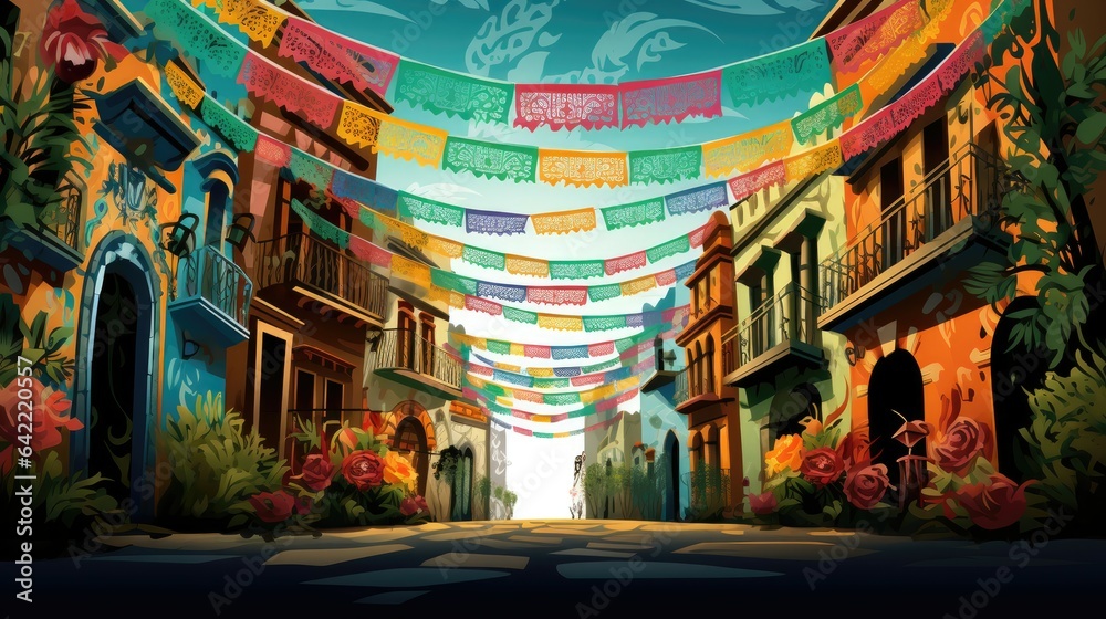 Elaborate papel picado banners, intricately cut paper fluttering in the breeze, infuse streets with a lively atmosphere and deep cultural significance