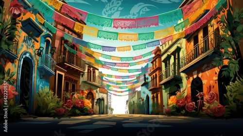 Elaborate papel picado banners, intricately cut paper fluttering in the breeze, infuse streets with a lively atmosphere and deep cultural significance © Kanisorn