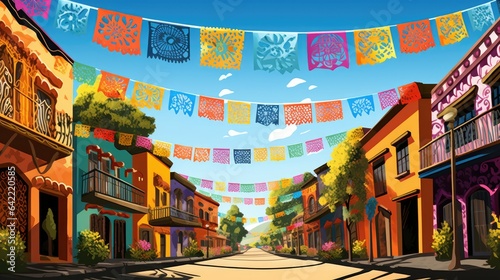 Elaborate papel picado banners, intricately cut paper fluttering in the breeze, infuse streets with a lively atmosphere and deep cultural significance