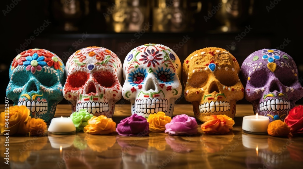 Intricately designed sugar skulls stand as edible offerings, honoring ancestors in the rich tapestry of Mexican tradition