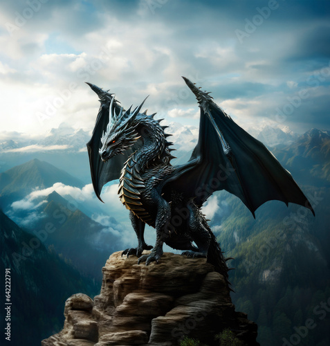 A scary dragon standing over a mountian.