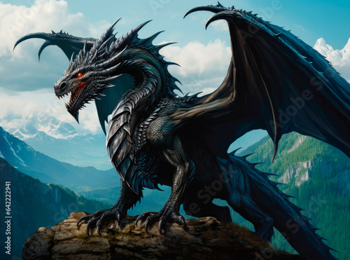 Fantasy dragon standing over a rock. © susanafh