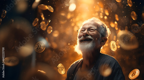  Imagine Stunning realistic full-body portrait of a happy old man with flying bitcoins in a room © Alvin Harambašić