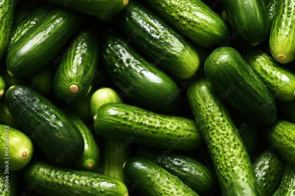 Close up of fresh cucumbers , top view, seamless pattern. Generative Ai Close up of fresh cucumbers , top view, seamless pattern. Generative Ai
