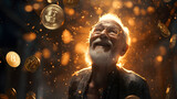  Imagine Stunning realistic full-body portrait of a happy old man with flying bitcoins in a room