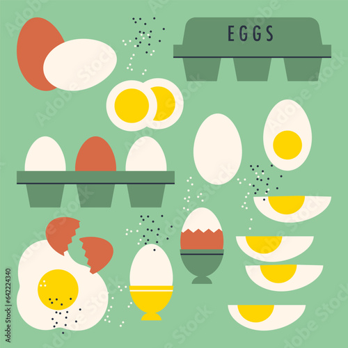 Chicken eggs set. Boiled, fried egg. Breakfast, organic farm food concept. Eggs with broken and whole shell. Farm food packed in cardboard box, container, in eggcup. Flat vector illustration, isolated photo