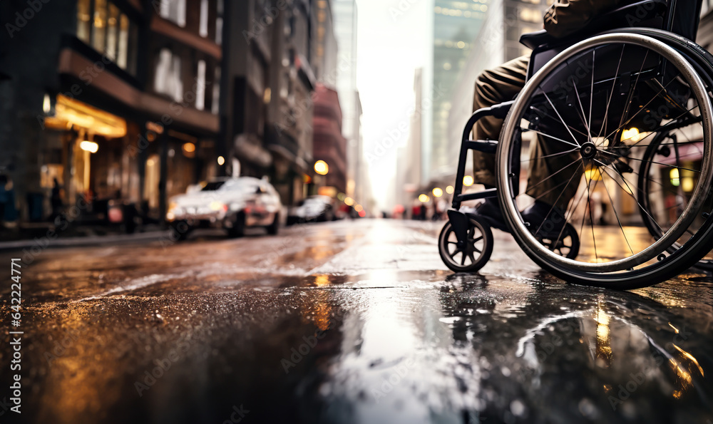 Disabled person in a wheelchair on a wet city street on a rainy day