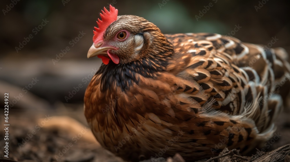 Close up of a hen in the garden. Livestock. Farm concept. Laying hens farmers concept with Copy Space.