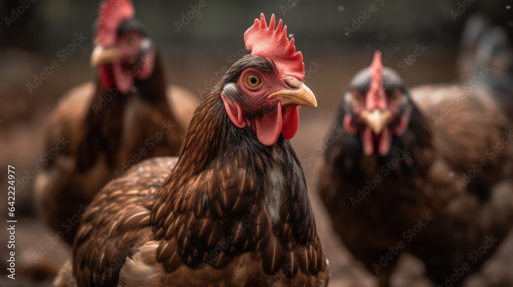chickens on traditional free range poultry farm . Livestock. Farm concept. Laying hens farmers concept with Copy Space.