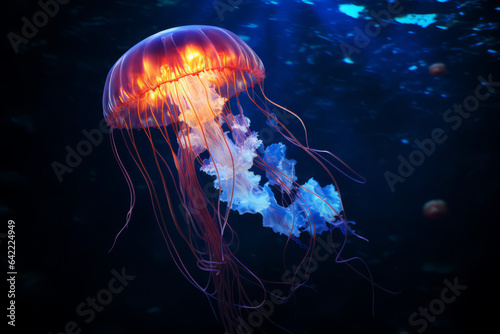Glowing star jellyfish swimming in deep sea