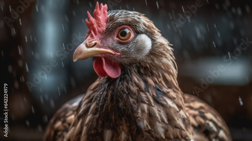 Portrait of a brown chicken on a farm in the rain. Livestock. Farm concept. Laying hens farmers concept with Copy Space.