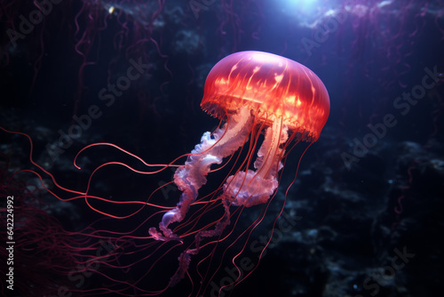 Glowing star jellyfish swimming in deep sea © Guido Amrein