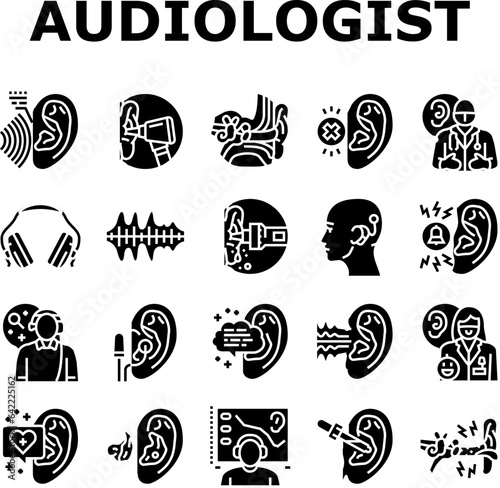audiologist doctor ear deaf icons set vector. aid health, otolaryngologist test, adult woman, patient technology, hear audiologist doctor ear deaf glyph pictogram Illustrations
