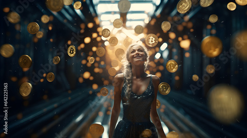Imagine Stunning realistic full-body portrait of a happy Jung woman with flying bitcoins in a room