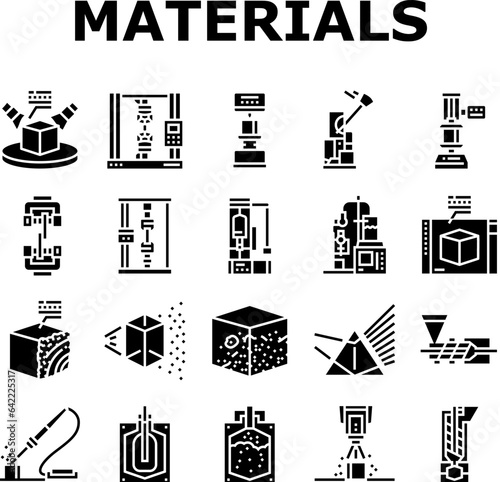 material construction engineer icons set vector. building industry, design site, worker work, engineering house, cement, brick material construction engineer glyph pictogram Illustrations