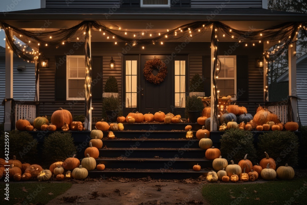 Decorated entrance to the house with pumpkins for Halloween Decorated entrance to the house with pumpkins for Halloween