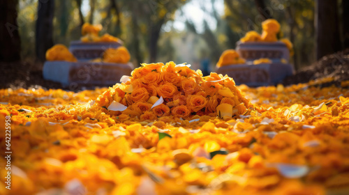 Vibrant marigold petals blanket gravesites, guiding spirits back home during November's Day of the Dead celebration photo