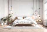 Modern scandinavian and Japandi style bedroom interior design with bed white color. Wooden table and floor, mock up frame wall.  
