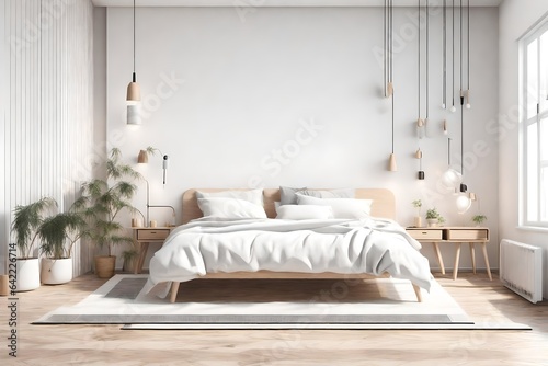 Modern scandinavian and Japandi style bedroom interior design with bed white color. Wooden table and floor, mock up frame wall. 