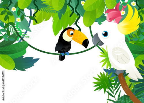 cartoon scene with jungle and animals being together as frame illustration for children