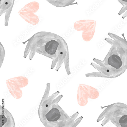 cute watercolor hand rdawn grey elephant with pink heart on a white neutral background, kids seamless pattern safari animals design for fabric and textile  photo