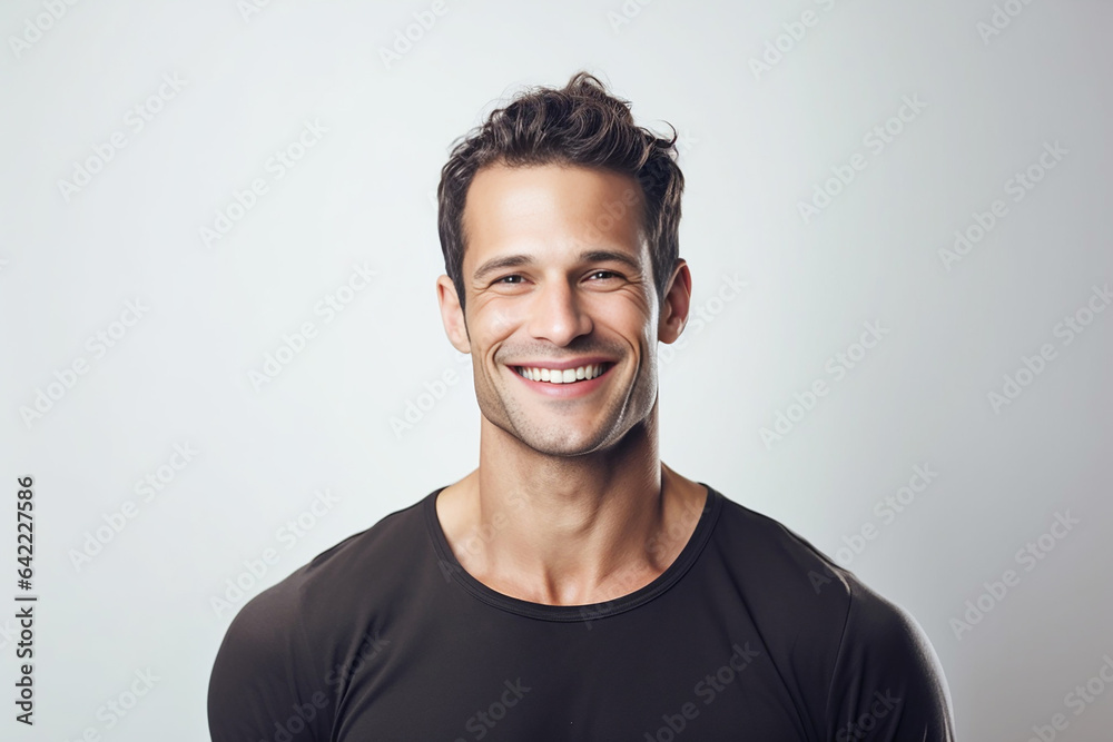 Portrait of strong athletic man fitness model showing muscle, bicep, six pack abs isolated on white background. Generative AI. Portrait of strong athletic man fitness model showing muscle, bicep, six pack abs isolated on white background. Generative AI.