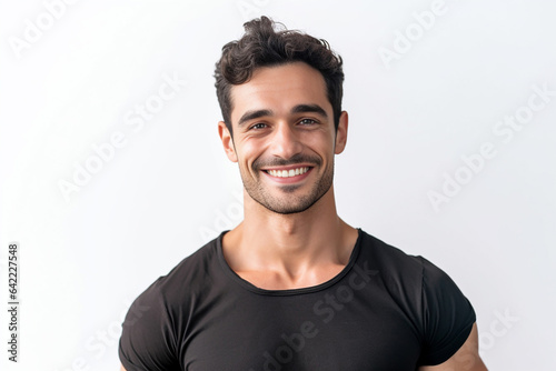 Portrait of strong athletic man fitness model showing muscle, bicep, six pack abs isolated on white background. Generative AI.