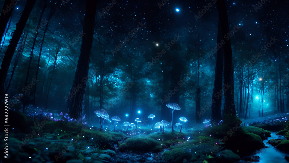 Enchanted night: glowing blue galaxy mushrooms in a magic forest - Generative AI