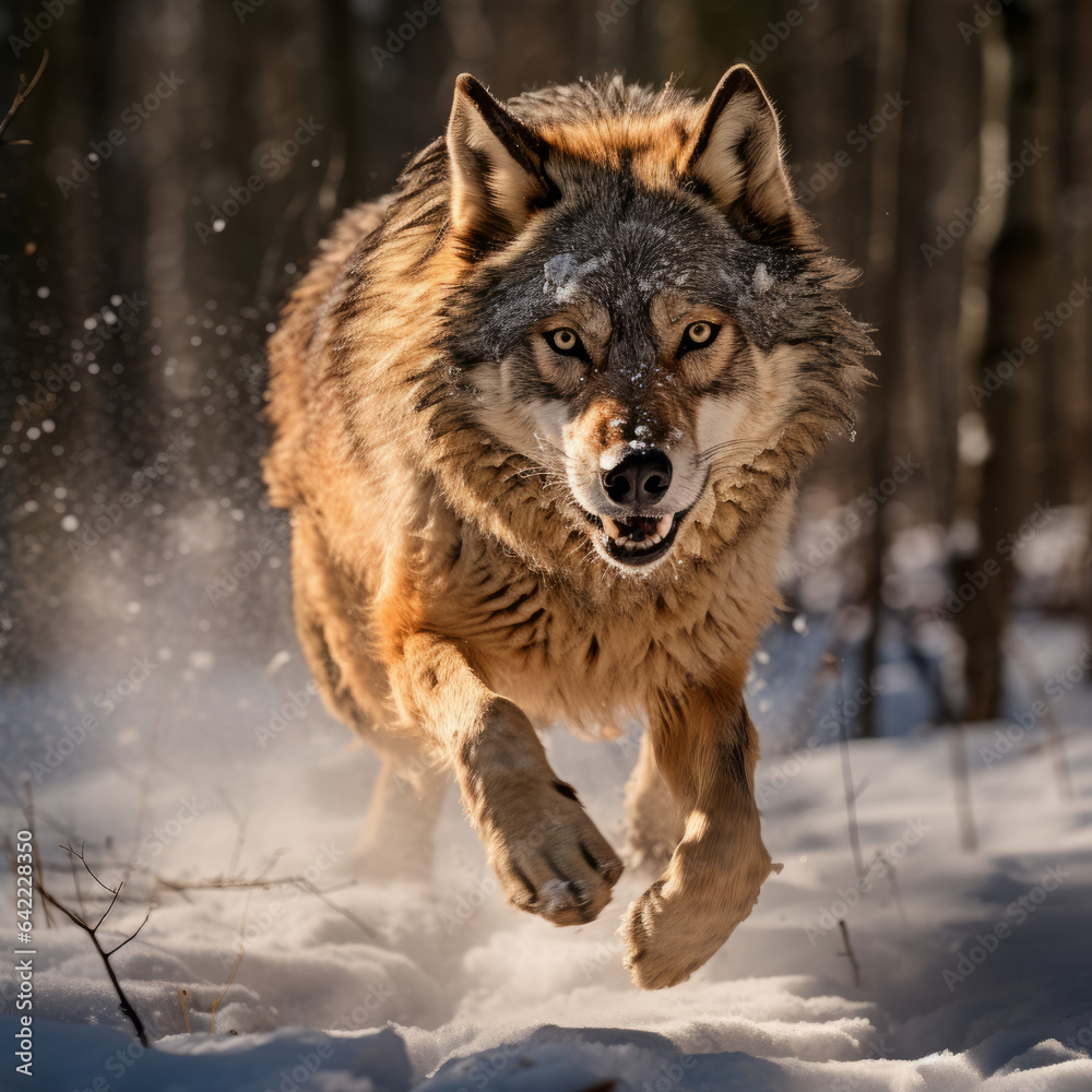 Fototapeta premium Wolf leaping forward towards camera in the snowy woods