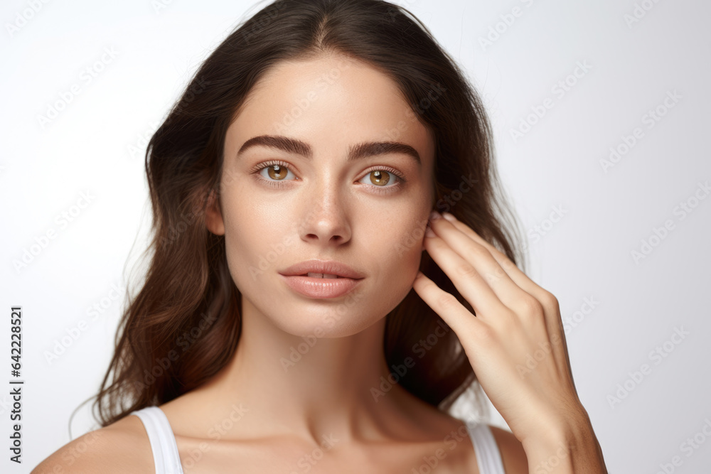 Beautiful young woman gently touches her face with her hand. This image can be used to represent skincare, beauty, self-care, or natural beauty concepts.