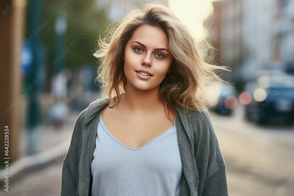 Woman standing on side of street. This image can be used to depict waiting, urban life, or city scenes. Woman standing on side of street. This image can be used to depict waiting, urban life, or city scenes.