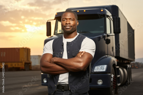 Man confidently stands in front of powerful semi truck. This image can be used to represent strength, determination, and transportation industry. © vefimov