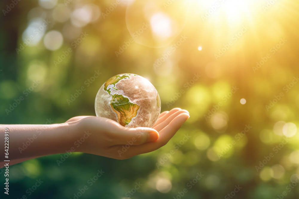 small globe in a hand, with the sun setting in the background. vulnerability of our planet and the need to take care of it