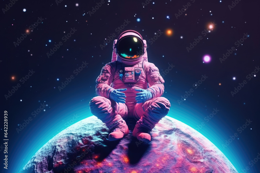 astronaut meditating with a galaxy in the background. symbolize the fusion of outer space and inner world, show the importance of meditation practices and spirituality in the context of future travel astronaut meditating with a galaxy in the background. symbolize the fusion of outer space and inner world, show the importance of meditation practices and spirituality in the context of future travel