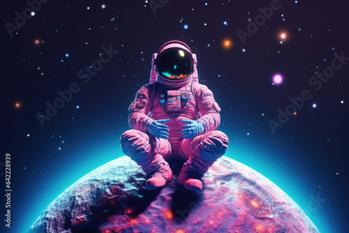 astronaut meditating with a galaxy in the background. symbolize the fusion of outer space and inner world, show the importance of meditation practices and spirituality in the context of future travel