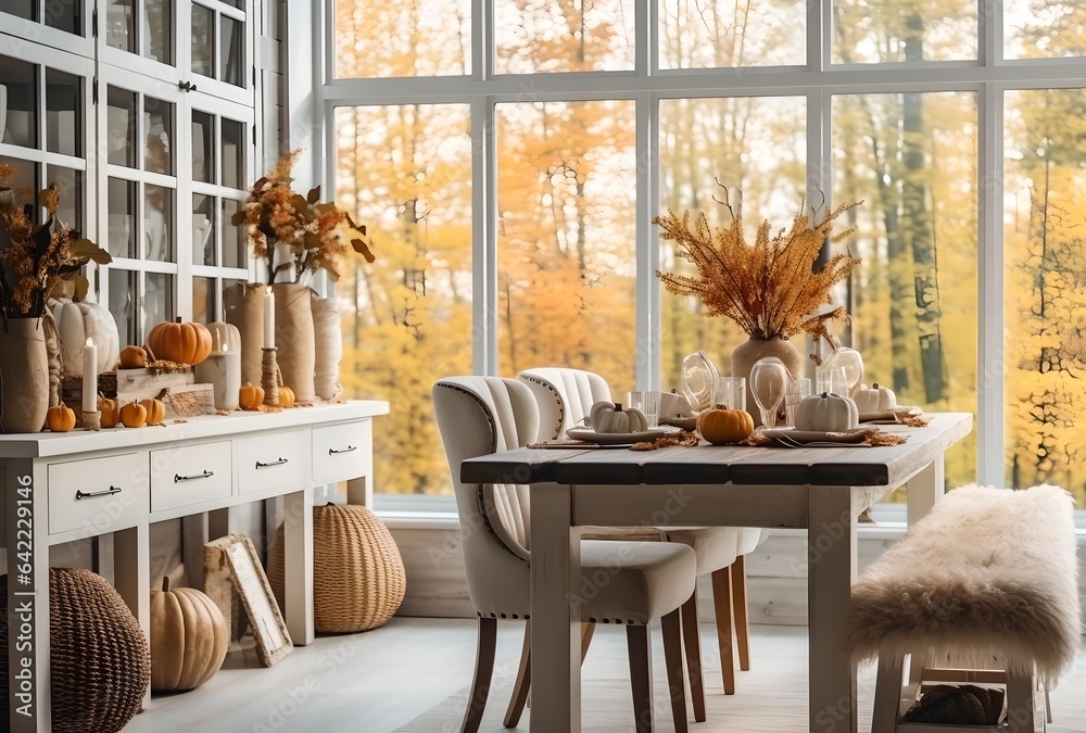 Thanksgiving table setting with pumpkins, generative ai image of elegant dining arrangement.
