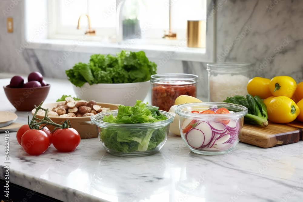 essence of well-stocked kitchen, showcasing array of glass jars filled with vibrant, preserved vegetables. rustic charm and culinary abundance essence of well-stocked kitchen, showcasing array of glass jars filled with vibrant, preserved vegetables. rustic charm and culinary abundance