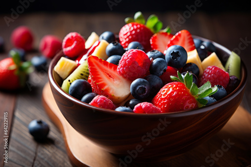 fresh mixed berries and fruit salad in bowl on top of wooden table